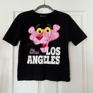 ZARA NEW SEQUINED PINK PANTHER MGM T-SHIRT BLACK S SMALL.